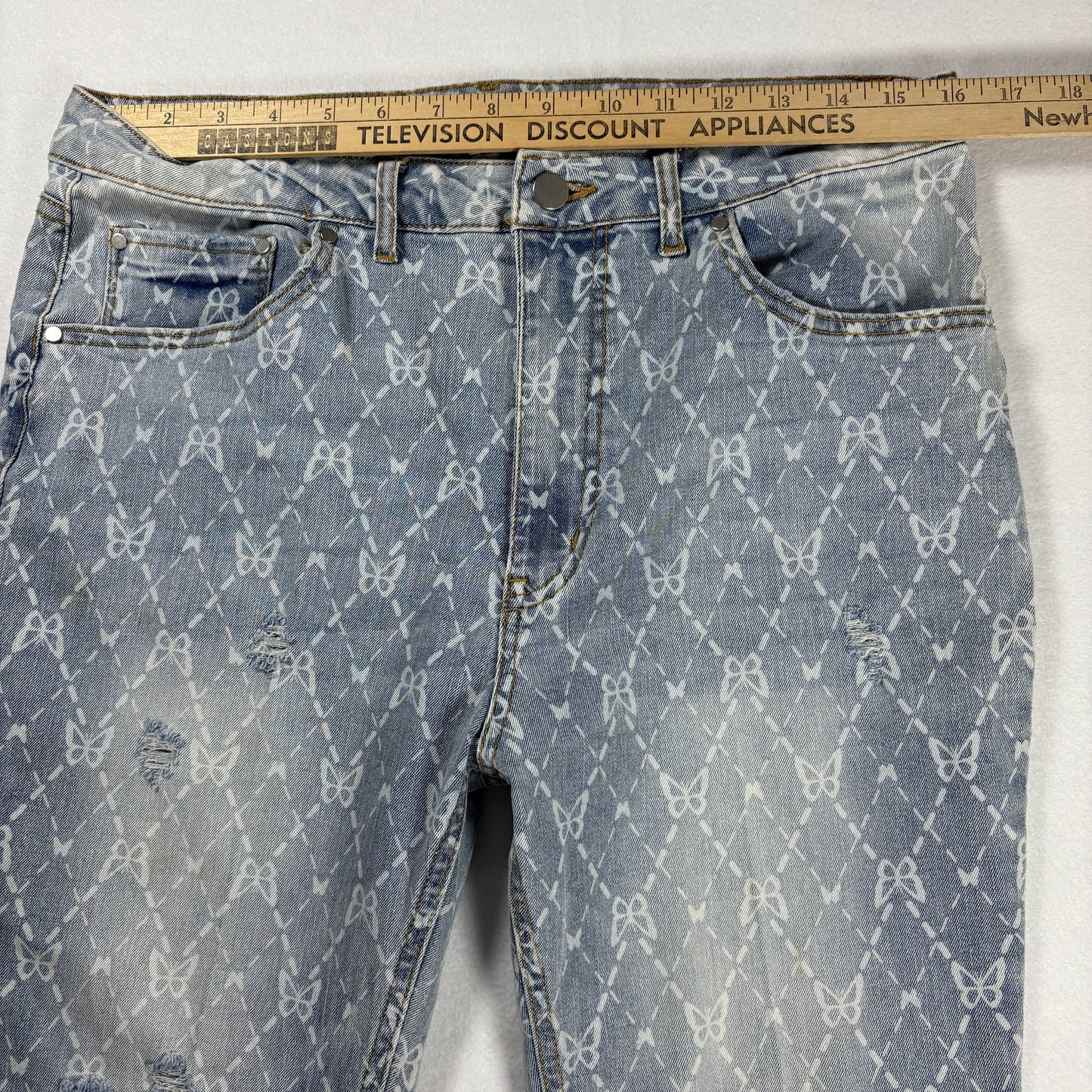No Boundaries Jeans Womens 11 Blue Print Distressed Flare Leg Boho Y2K Denim
