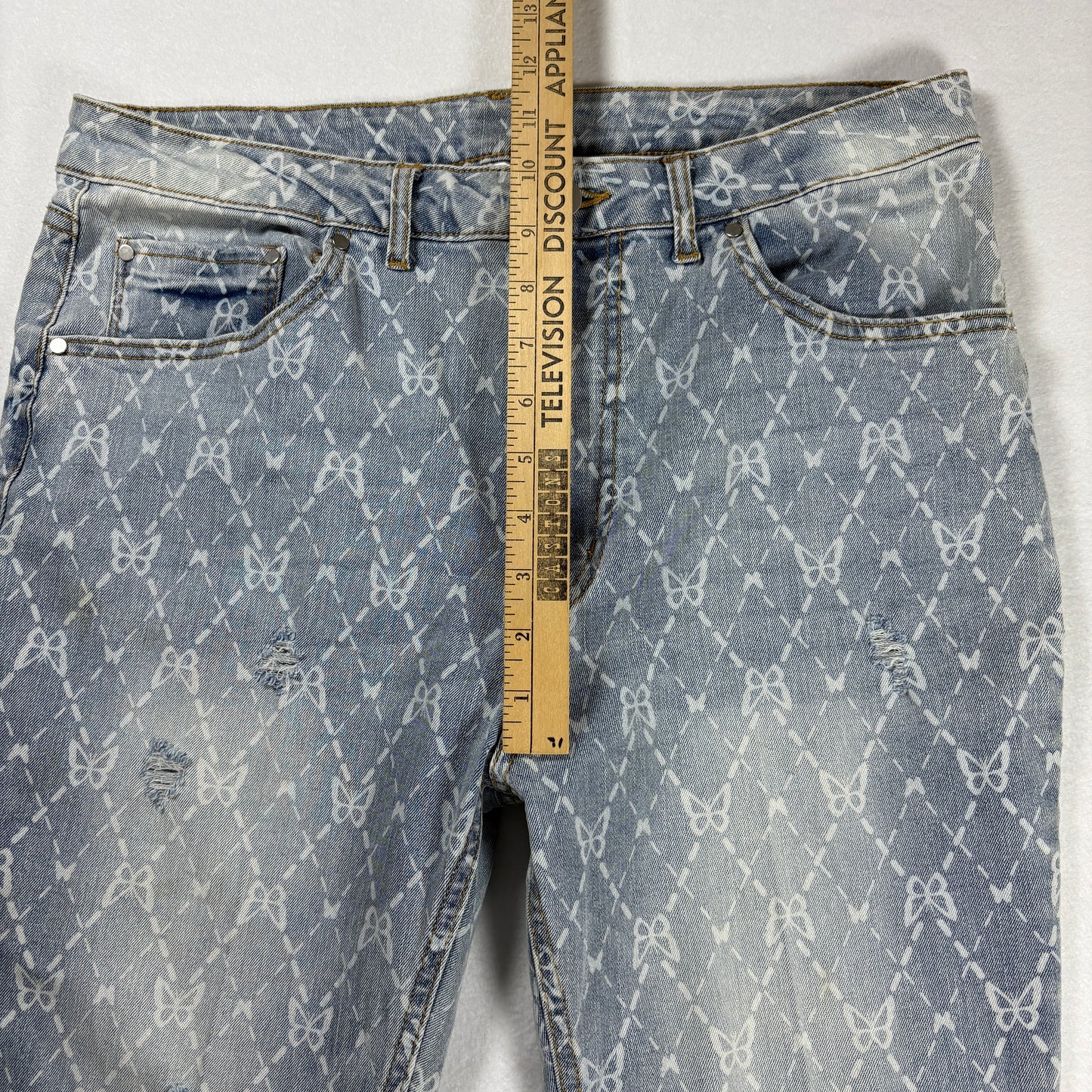 No Boundaries Jeans Womens 11 Blue Print Distressed Flare Leg Boho Y2K Denim