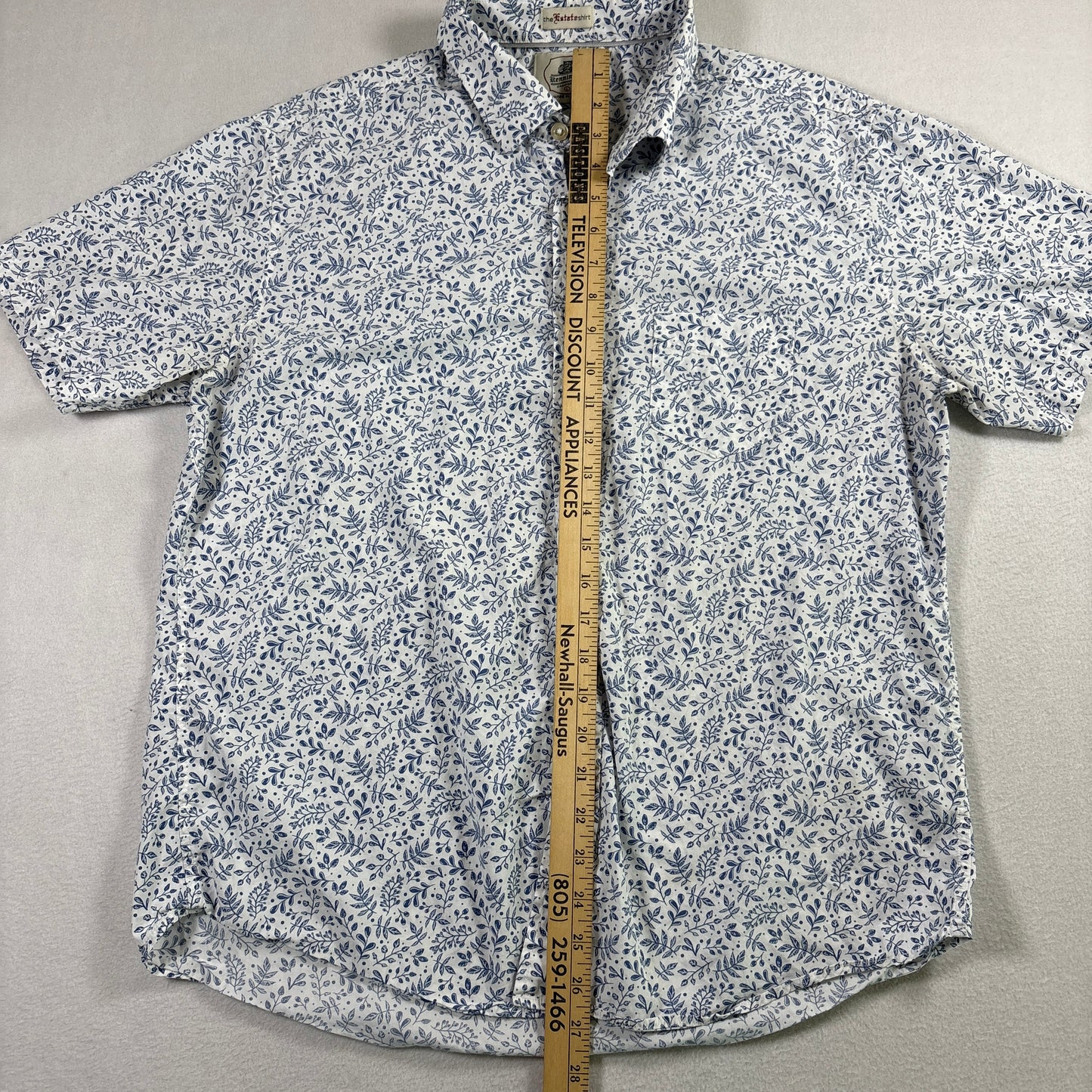 Kennington Mens Shirt L White Blue Floral Print Short Sleeve Button Up Casual