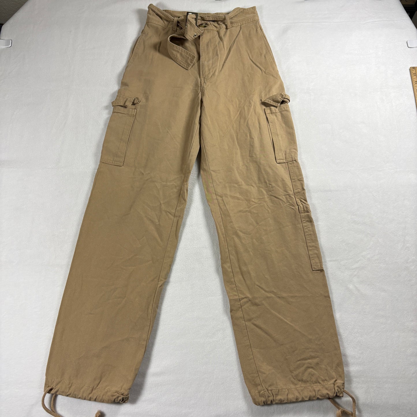 Zara Cargo Pants Womens Size XS Tan Utility Streetwear Y2K Wide Leg Fit Low Rise