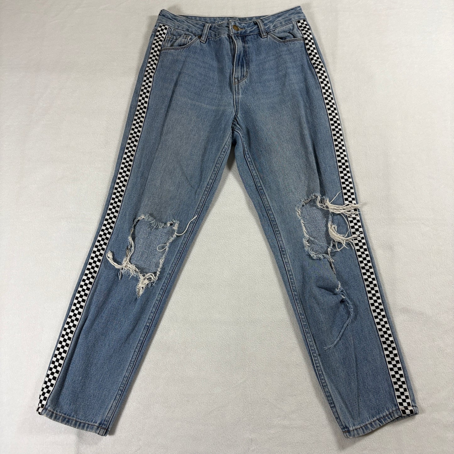 Mom Jeans Checker Stripe Distressed Streetwear Empyre 3 Fits Like 27 X 26 Blue