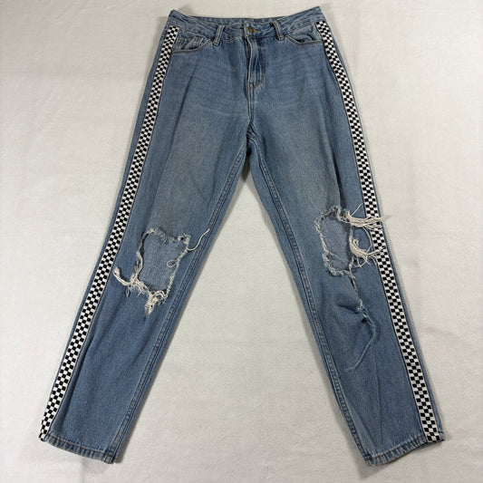Mom Jeans Checker Stripe Distressed Streetwear Empyre 3 Fits Like 27 X 26 Blue