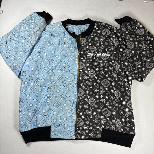 ONLY DO GOOD Jacket Men’s L Bandana Print Zip Up Bomber Blue Black Streetwear