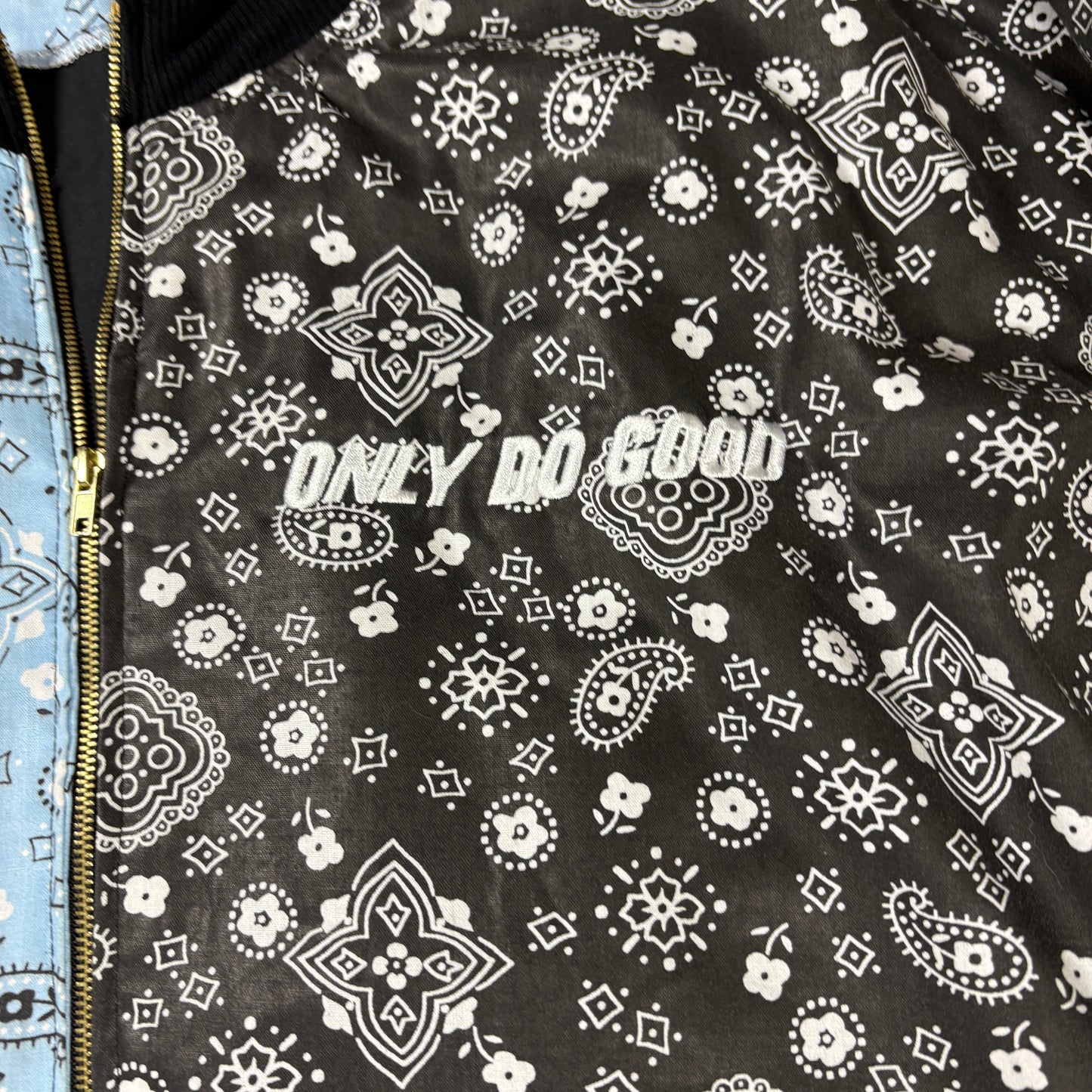 ONLY DO GOOD Jacket Men’s L Bandana Print Zip Up Bomber Blue Black Streetwear