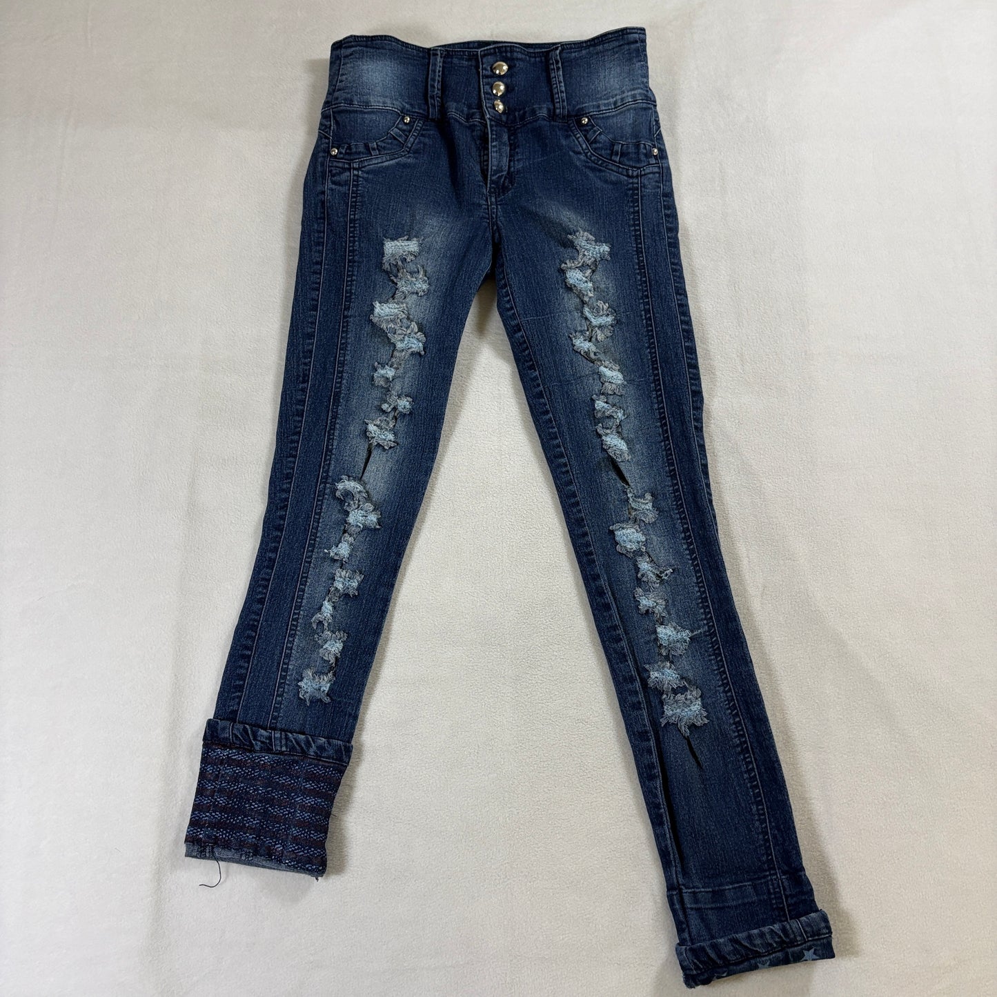 Y2K High Rise Skinny Distressed Jeans Button Fly Tag 12 Fits Like 28 X 25 Blue