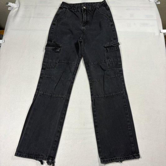 Shein Cargo Jeans Womens XS Black Denim Y2K Streetwear Utility Raw Hem