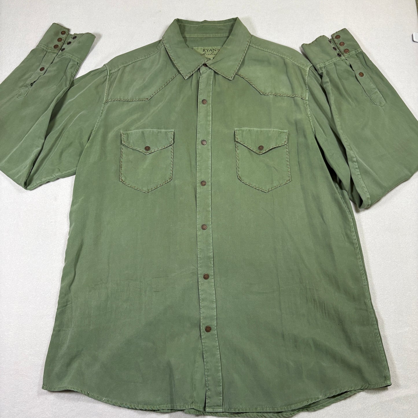 Ryan Michael mens western shirt XL green snap button silk cotton vintage y2k