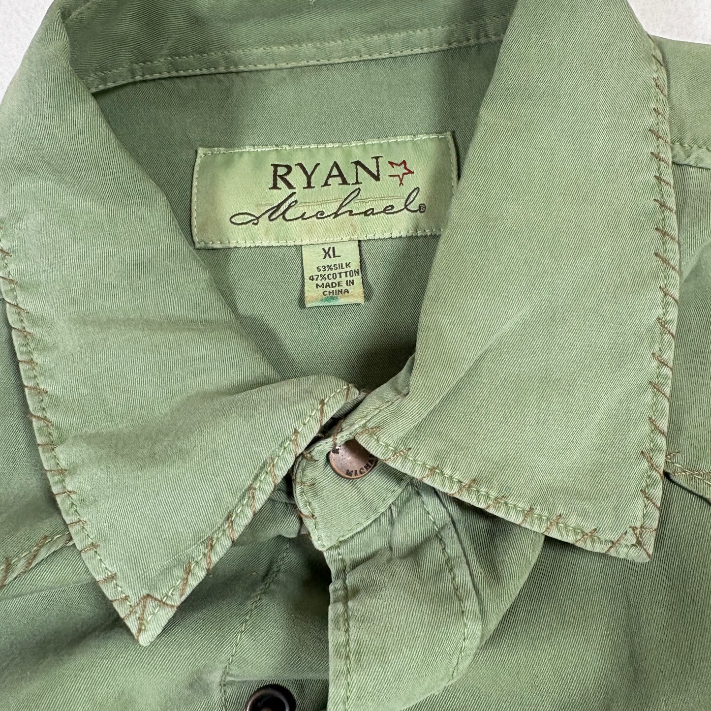 Ryan Michael mens western shirt XL green snap button silk cotton vintage y2k
