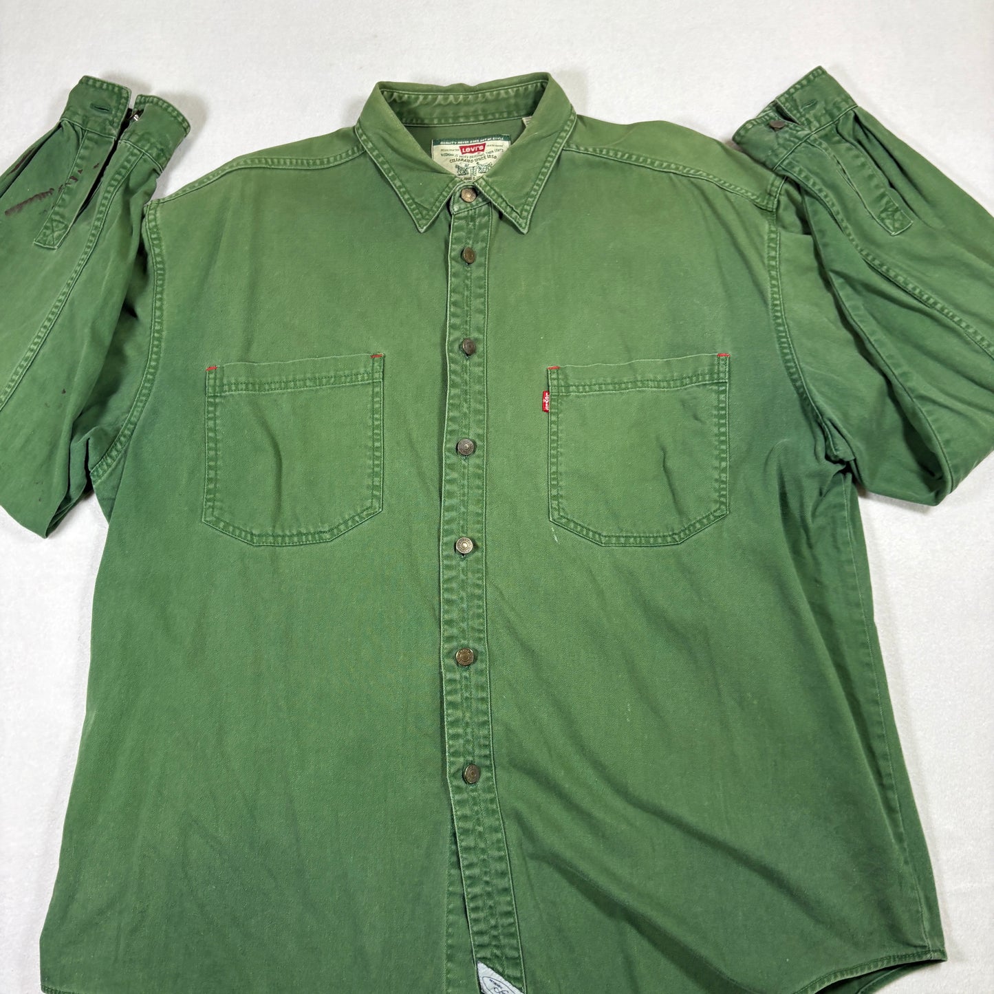 Levis Mens XL Green Denim Shirt Vintage 90s Grunge Y2K Button Up Workwear