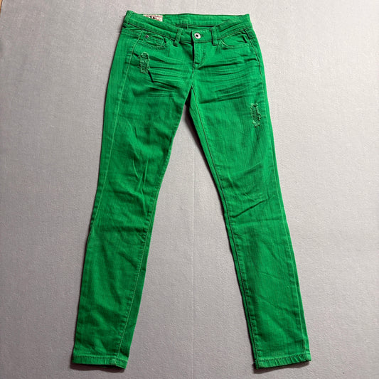 Y2K Green Skinny Jeans Womens Tag 15 Fits Like 29X29 Stretch Distressed Denim