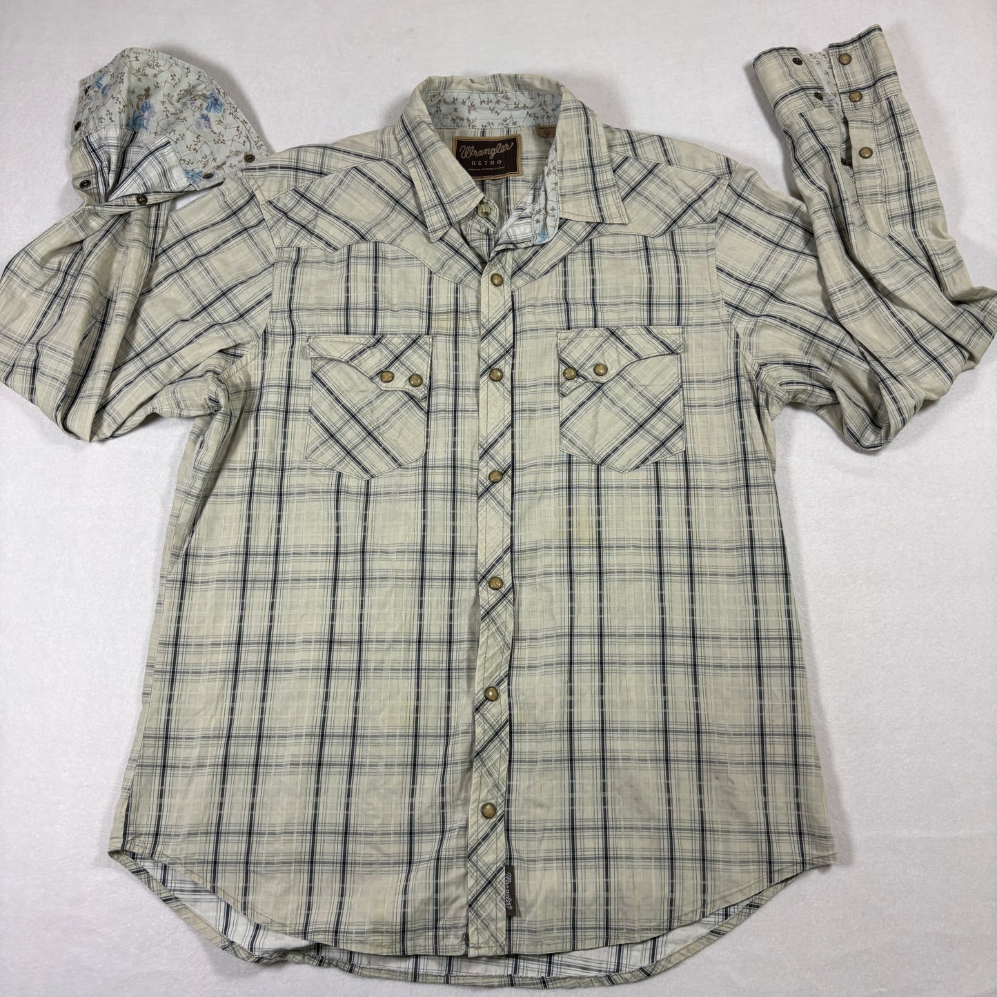 Wrangler mens L retro western shirt pearl snap plaid cowboy rodeo grunge Y2K