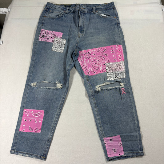Wild Fable Mom Jeans Womens 18 Bandana Patchwork Pink Distressed Y2K Grunge