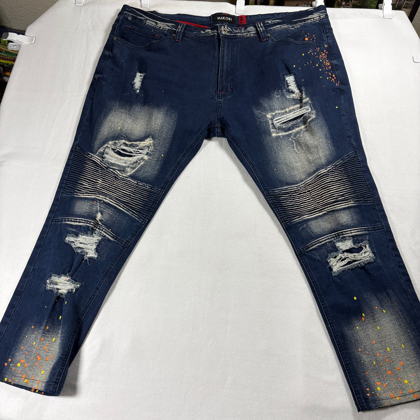 Makobi Jeans Mens 48X32 Blue Distressed Biker Paint Splatter Streetwear Y2K Denim