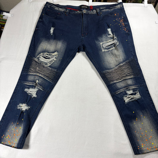 Makobi Jeans Mens 48X32 Blue Distressed Biker Paint Splatter Streetwear Y2K Denim