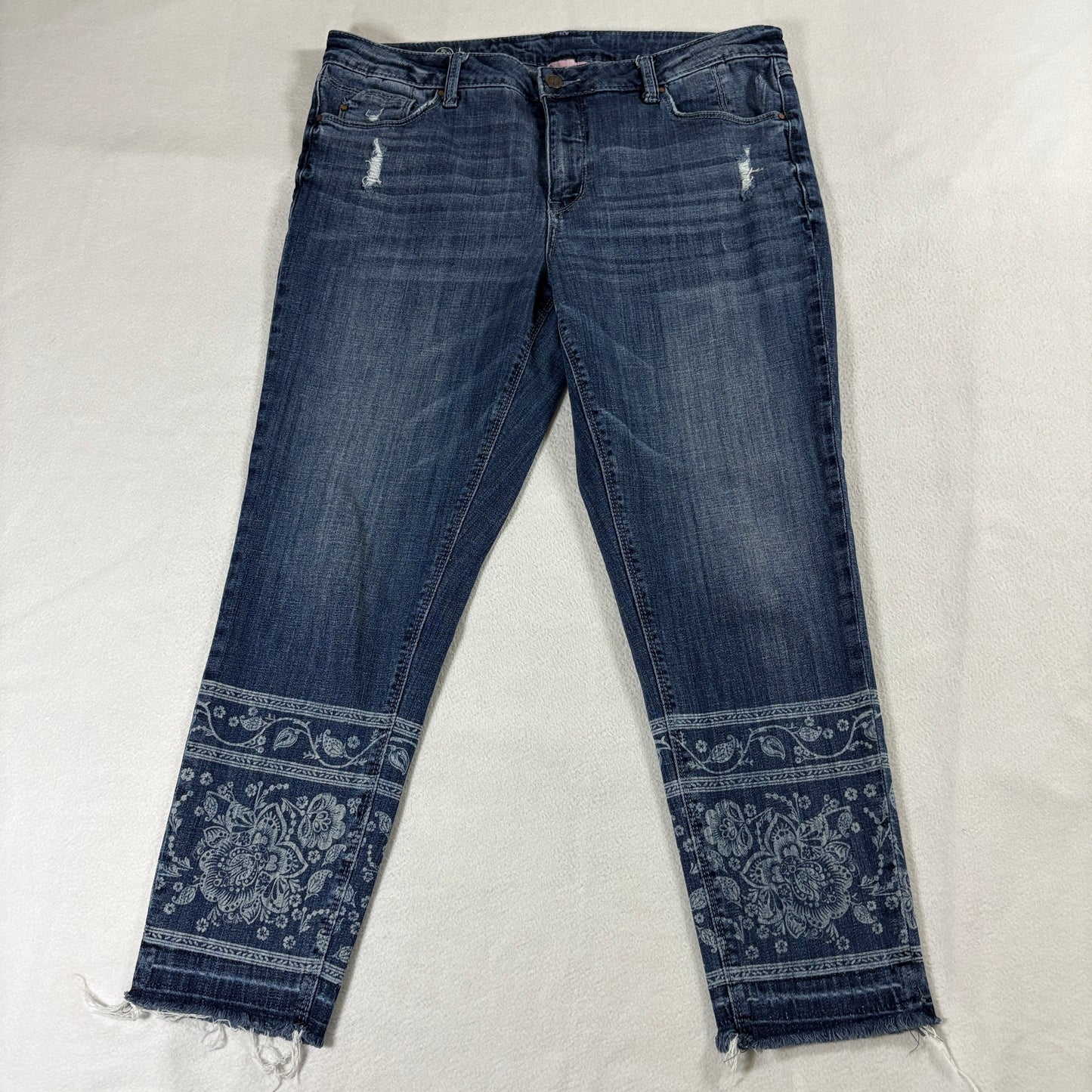 Floral Crop Jeans Stretch Laurie Felt 12 Fits Like 34 X 25 Raw Hem Boho Denim