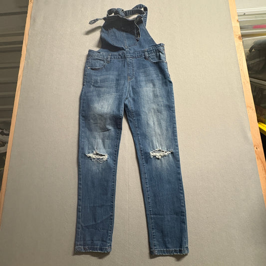 Distressed Skinny Denim Overalls Womens Tag L Fits Like 32x28 M Blue Stretch Y2K