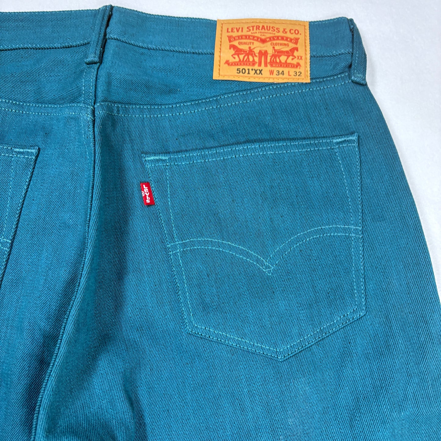 Levi’s 501 XX Men’s Jeans W34 L32 Teal Blue Straight Leg Button Fly Denim