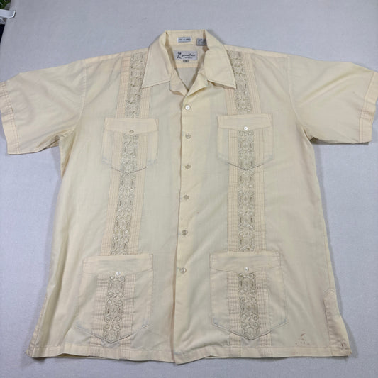 Yucateca mens XL guayabera shirt cream embroidered short sleeve Cuba Mexico Y2K