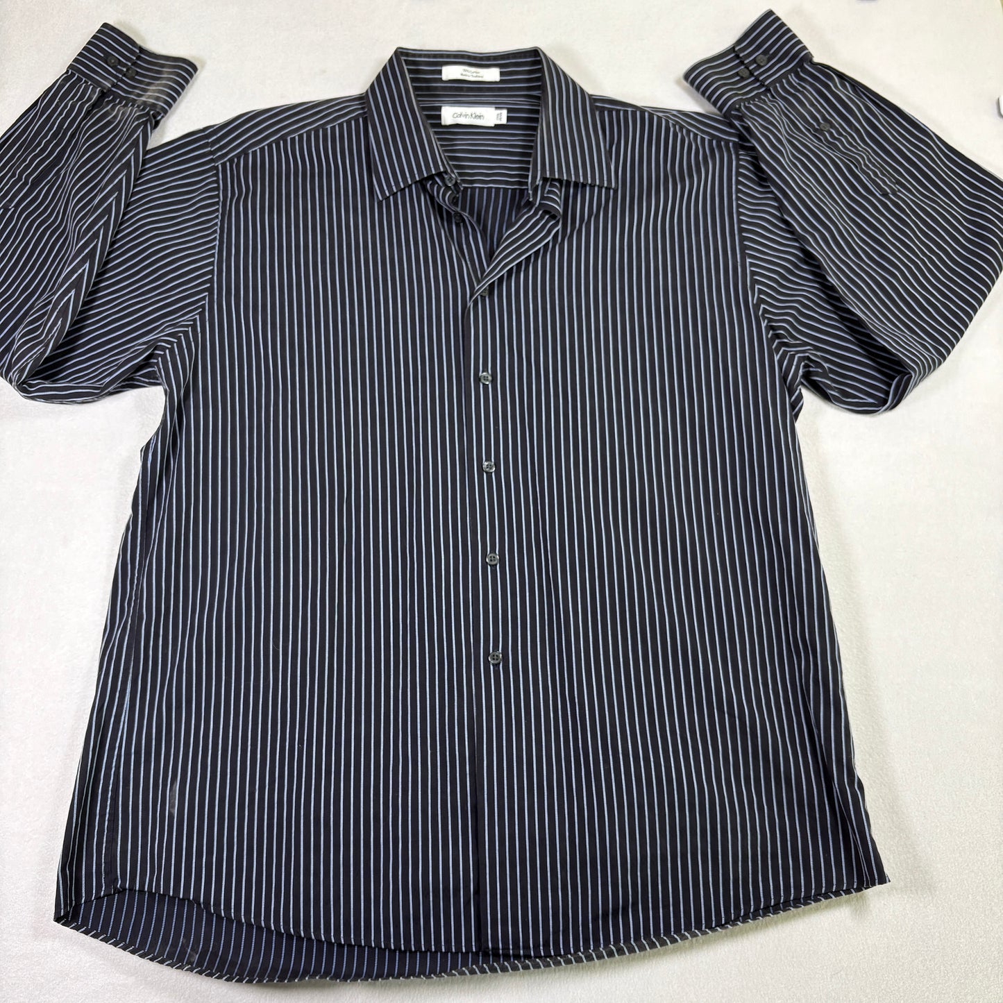 Calvin Klein Mens 17 1/2 34/35 Dress Shirt Black White Stripe Long Sleeve Cotton
