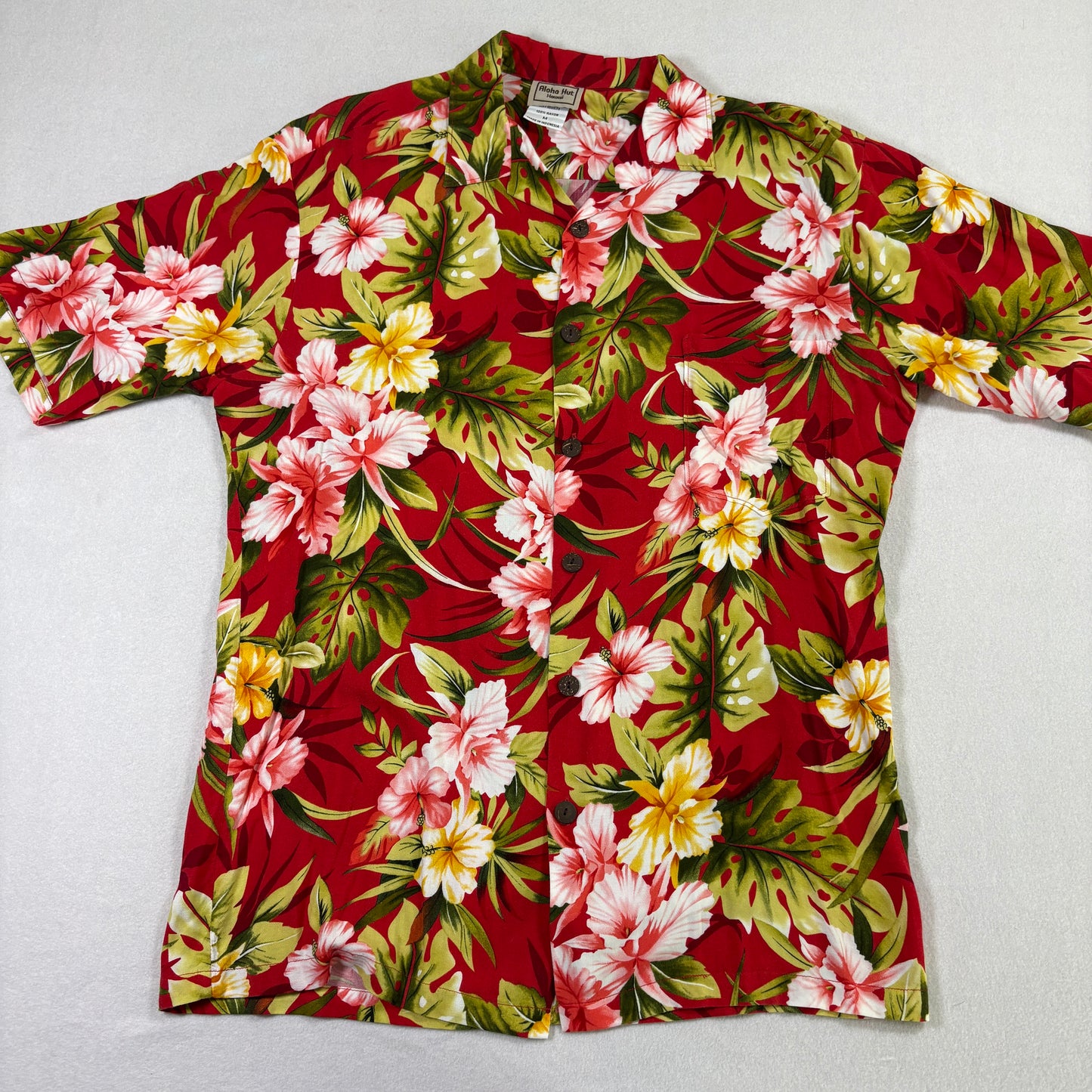 Aloha Hut Hawaii Mens M Hawaiian Shirt Red Floral Rayon Short Sleeve Vintage