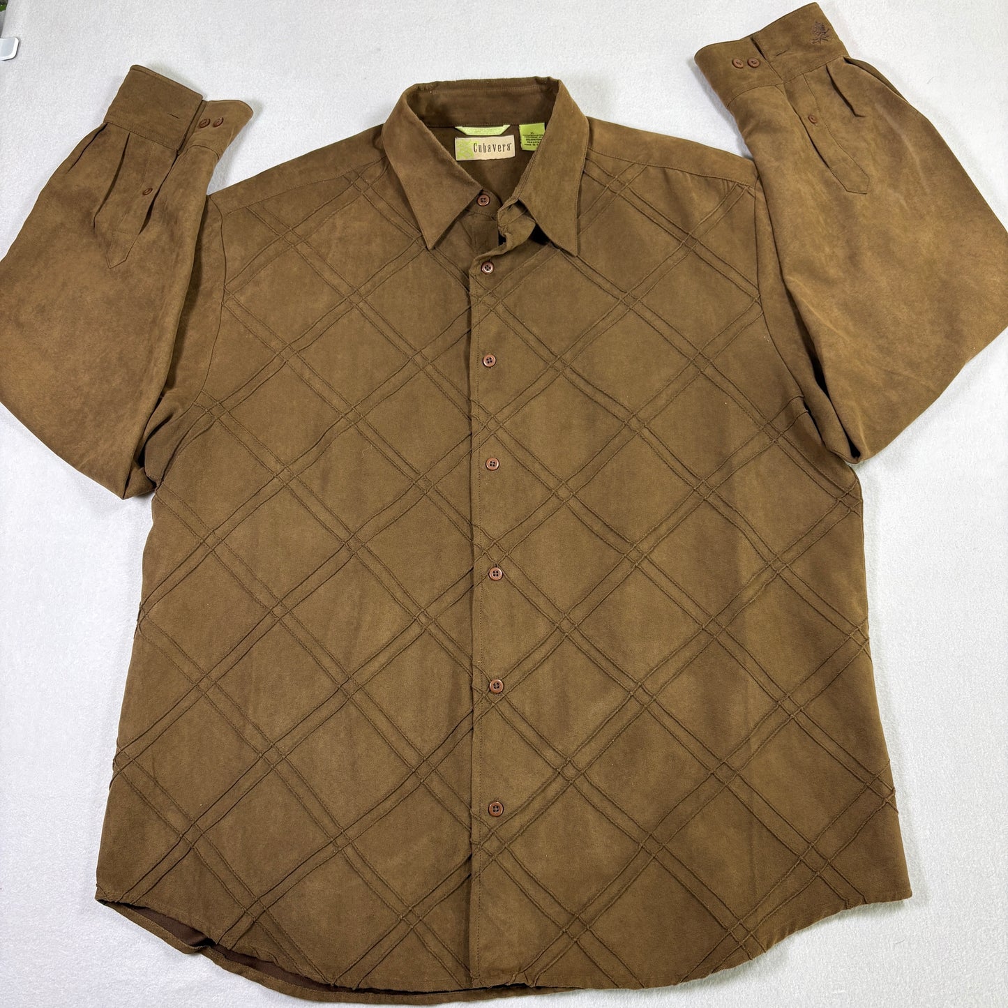 Cubavera Mens XL Sueded Shirt Brown Diamond Pattern Long Sleeve Button Front