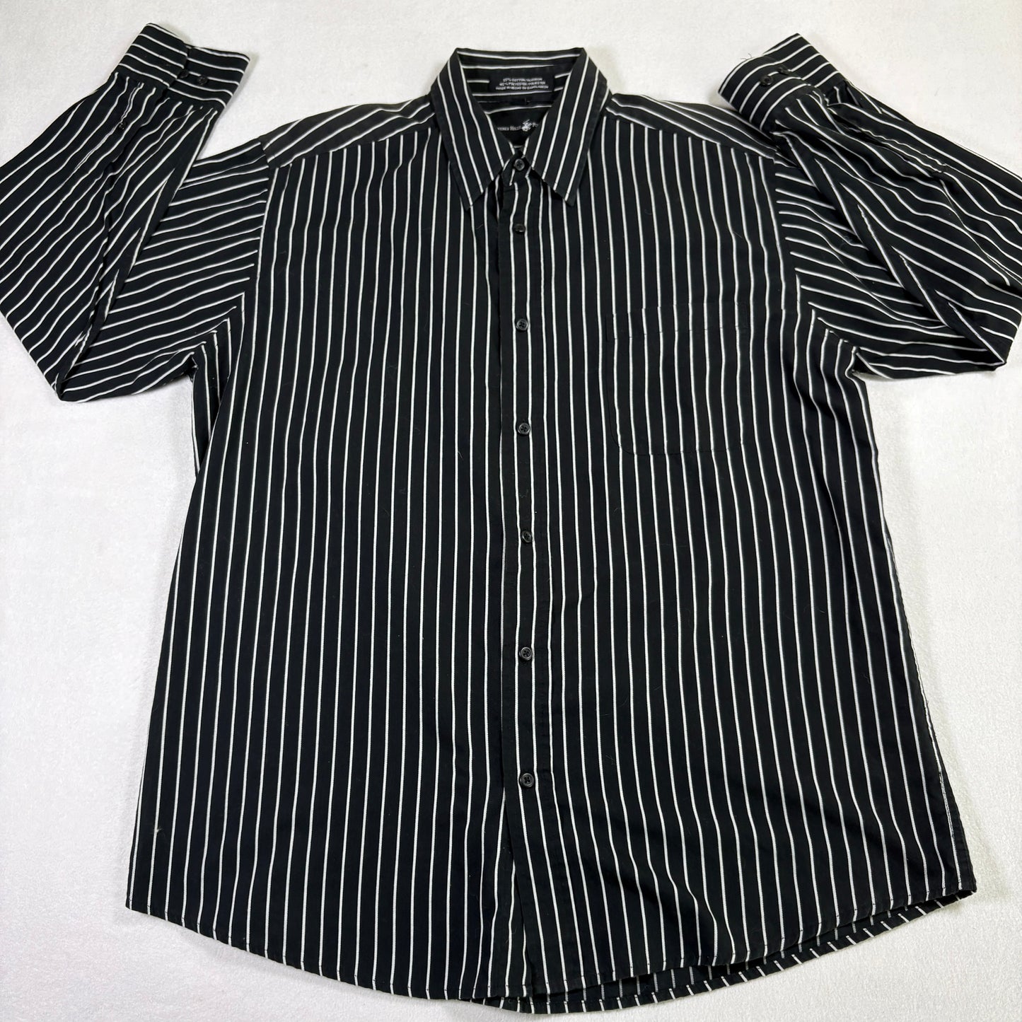Beverly Hills Polo Club Mens L Shirt Black White Stripe Long Sleeve Button Up