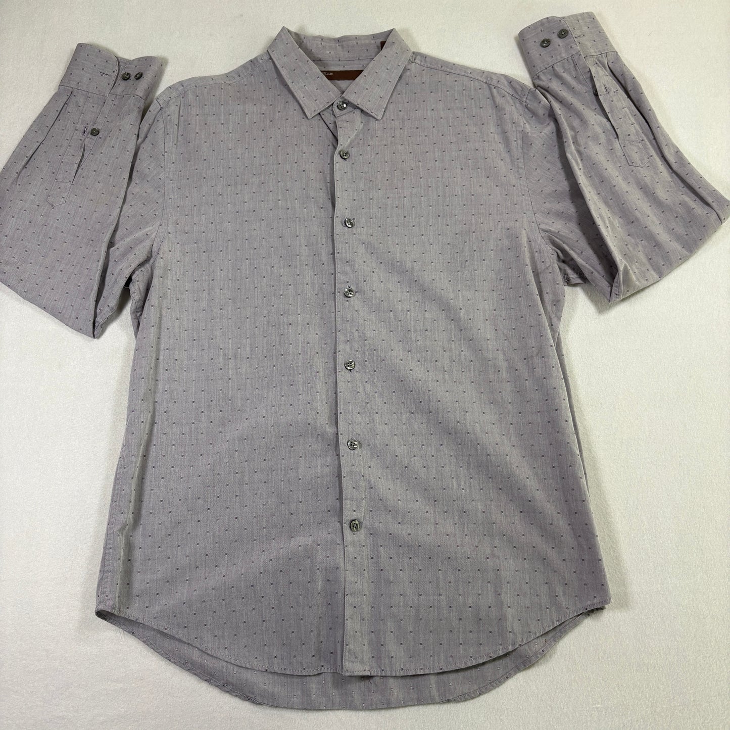 Perry Ellis Mens L Shirt Gray Micro Dot Pattern Long Sleeve 100% Cotton Button