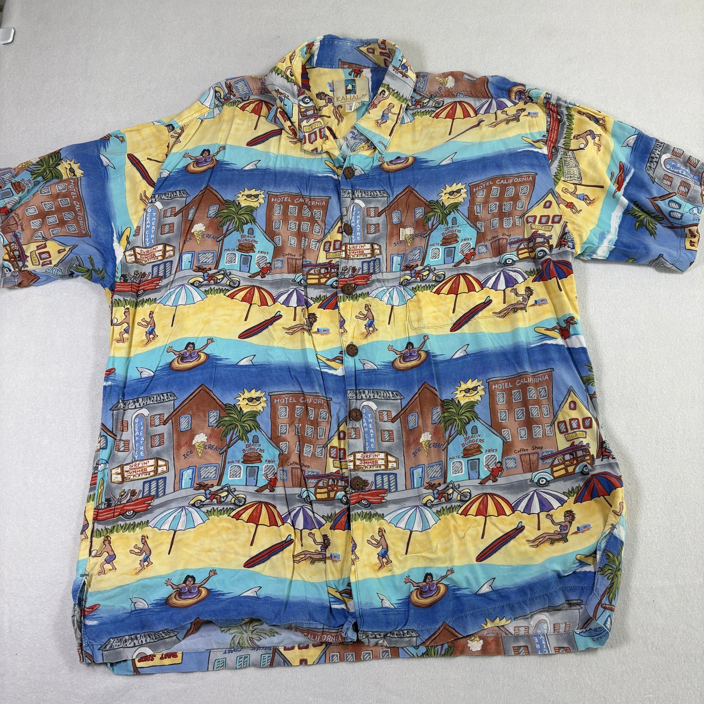 Kahala Hawaiian Islands Mens XL Rayon Shirt Beach Scene Aloha Vintage Hawaii