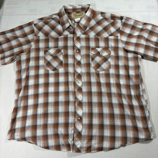 Wrangler Western Shirt Mens 3XL Brown Plaid Pearl Snap Retro Cowboy