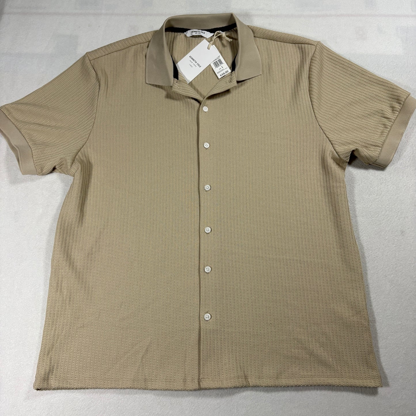 Kenneth Cole Shirt Mens L Tan Textured Knit Short Sleeve Button Retro NWT