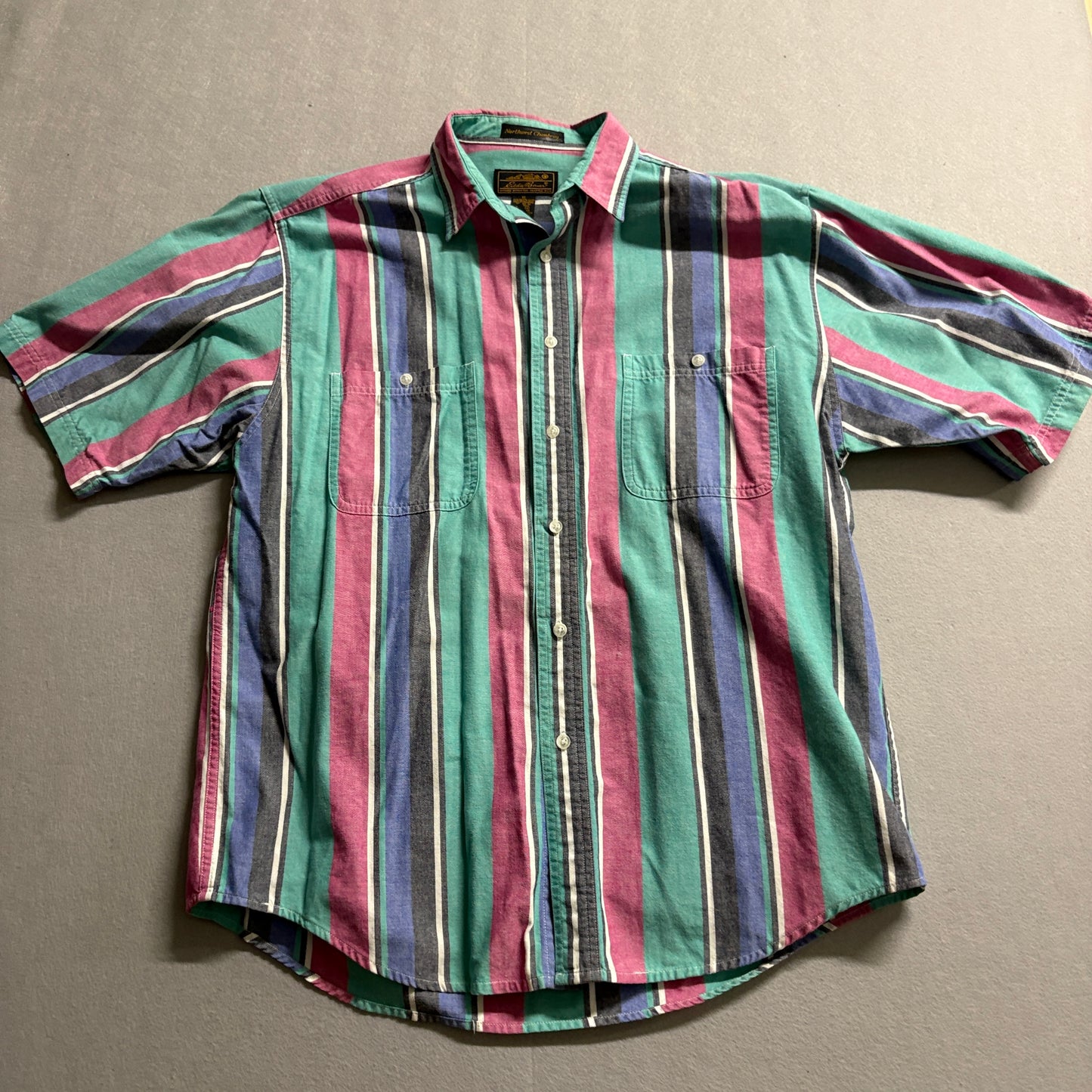 Eddie Bauer Striped Button Up Shirt Mens Fits Like L Teal Pink Casual