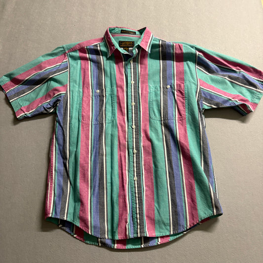 Eddie Bauer Striped Button Up Shirt Mens Fits Like L Teal Pink Casual