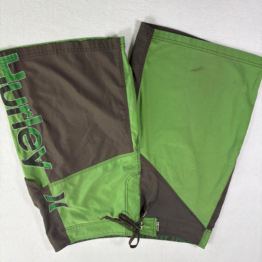 Hurley Mens Board Shorts 36 Green Brown Surf Swim Trunks Logo Y2K Skater