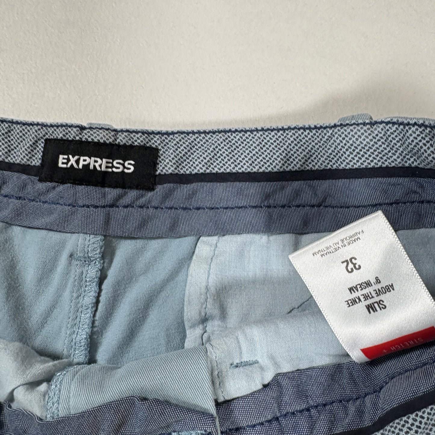 Express Shorts Mens 32 Blue Slim Fit Chino Casual Flat Front Summer Style