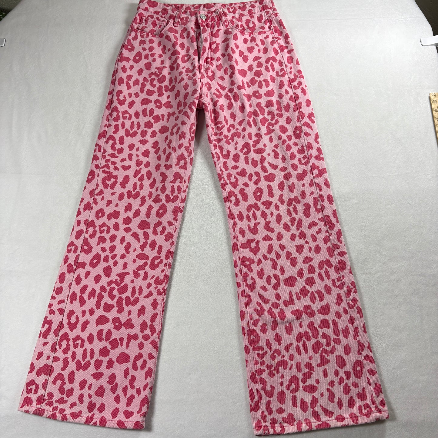 Leopard Print Jeans Womens Pink Y2K Straight Leg Retro Statement Denim Pants Fit