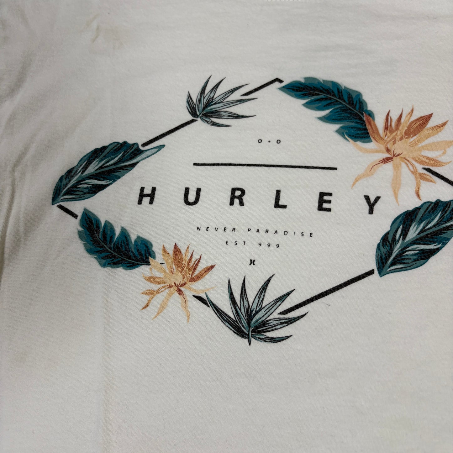 Hurley T-Shirt Mens L White Floral Graphic Short Sleeve Surf Skate Casual Tee