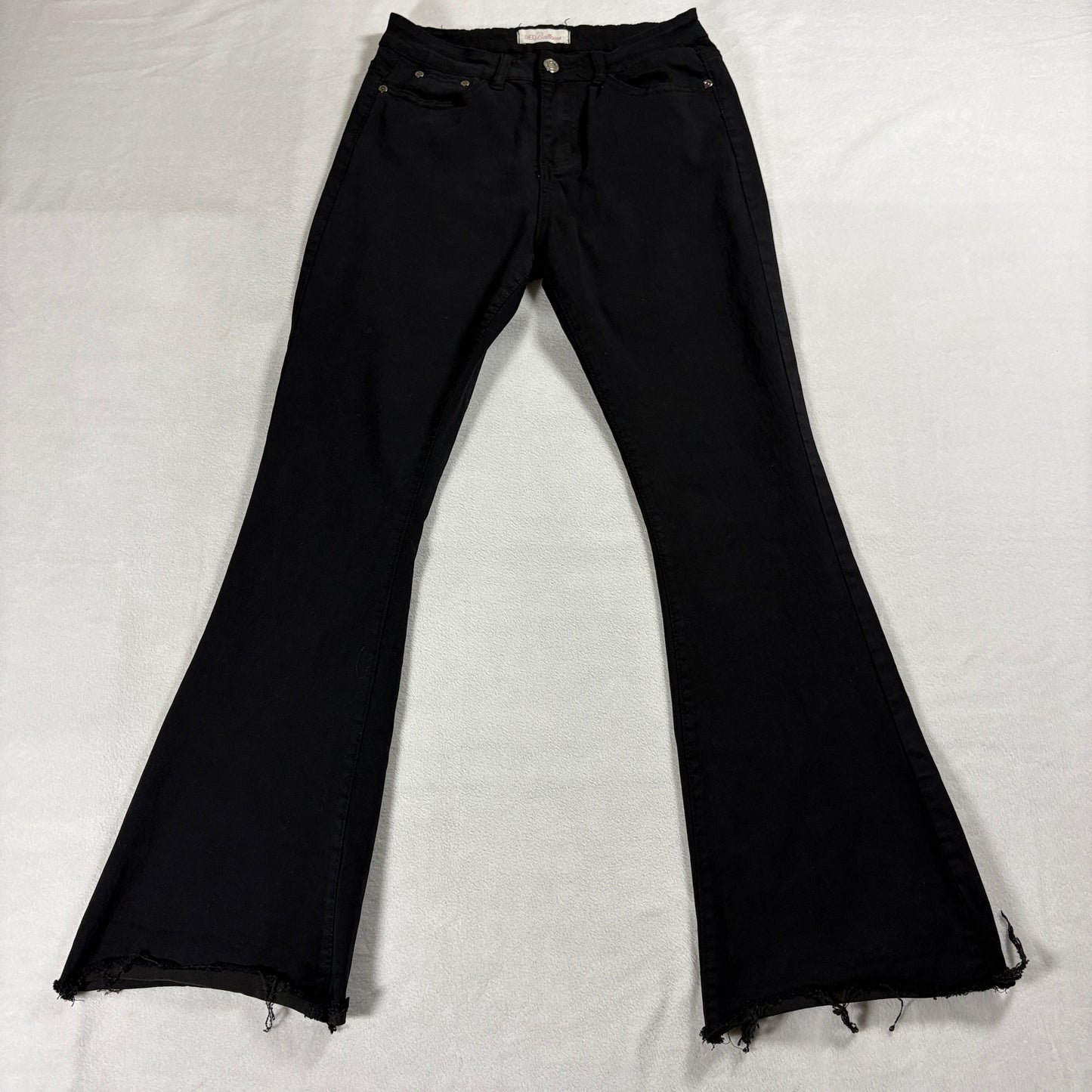 Y2K Flare Stretch Jeans Black Red Bottoms Tag 9 Fits Like 27X28 Raw Hem Denim