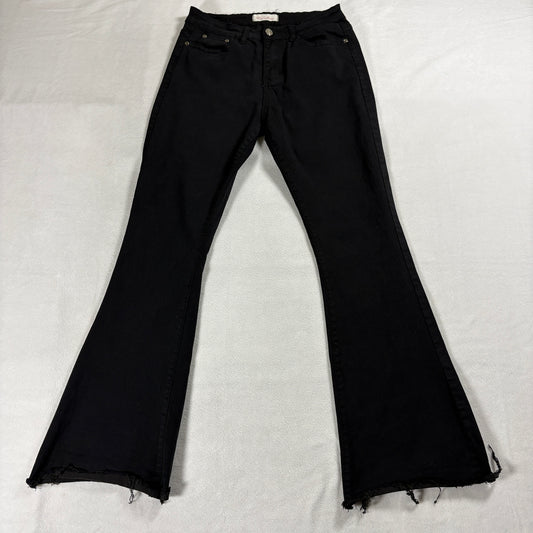 Y2K Flare Stretch Jeans Black Red Bottoms Tag 9 Fits Like 27X28 Raw Hem Denim