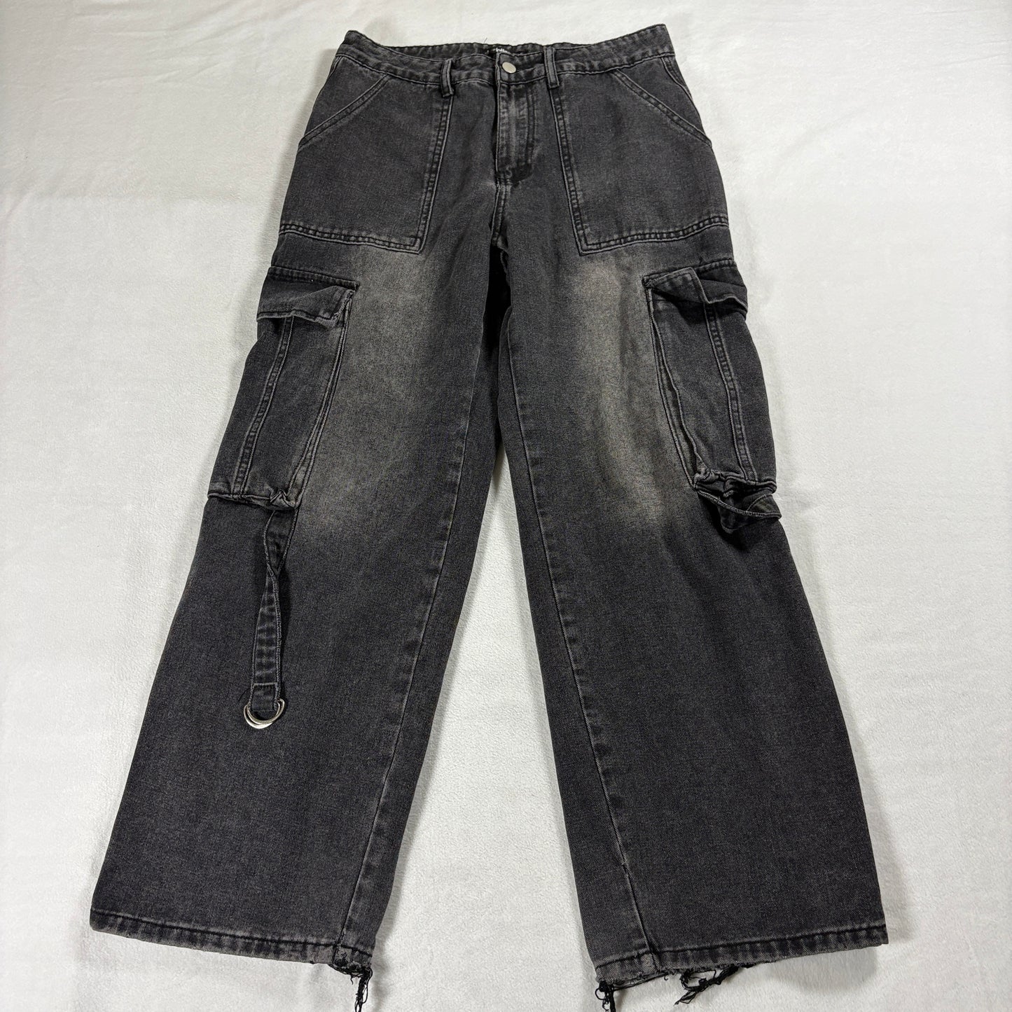 Y2K Wide Leg Cargo Jeans Black Distressed Tag M Fits Like 30X29 Grunge Skater