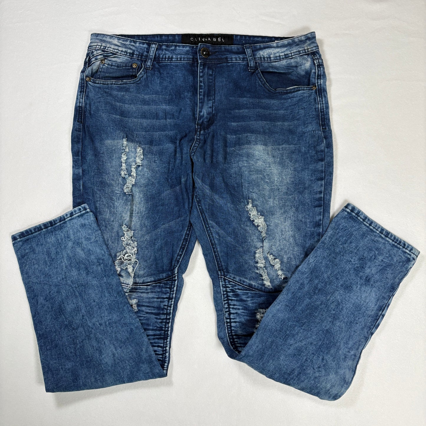 Cain & Abel Jeans Men’s Size 38 Distressed Moto Biker Blue Denim Stretch Pants