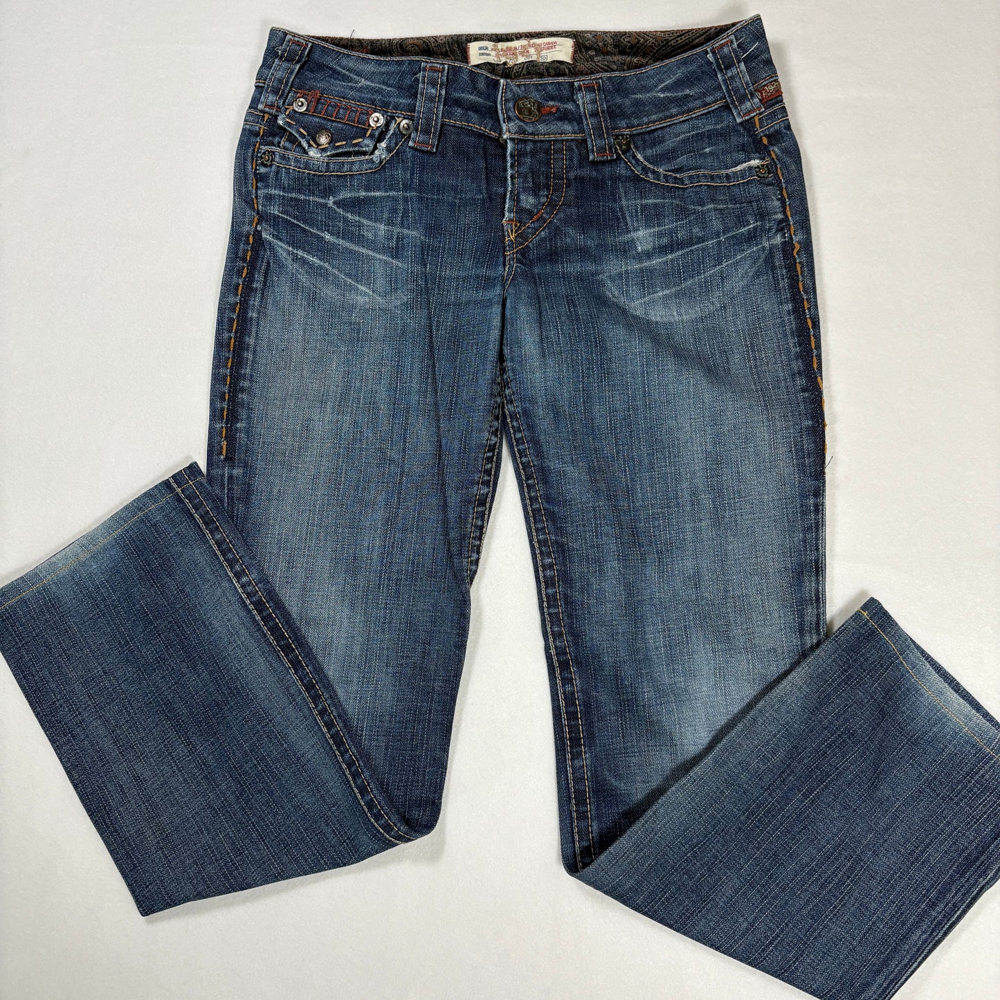 1921 Jeans Women’s 28x32 Bootcut Blue Denim Contrast Stitch Distressed Pockets