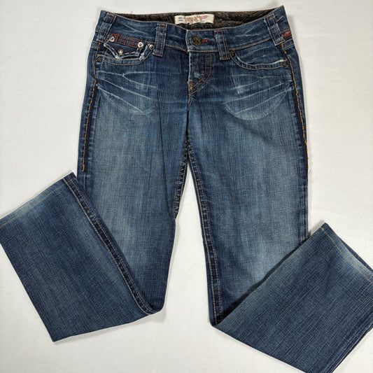 1921 Jeans Women’s 28x32 Bootcut Blue Denim Contrast Stitch Distressed Pockets