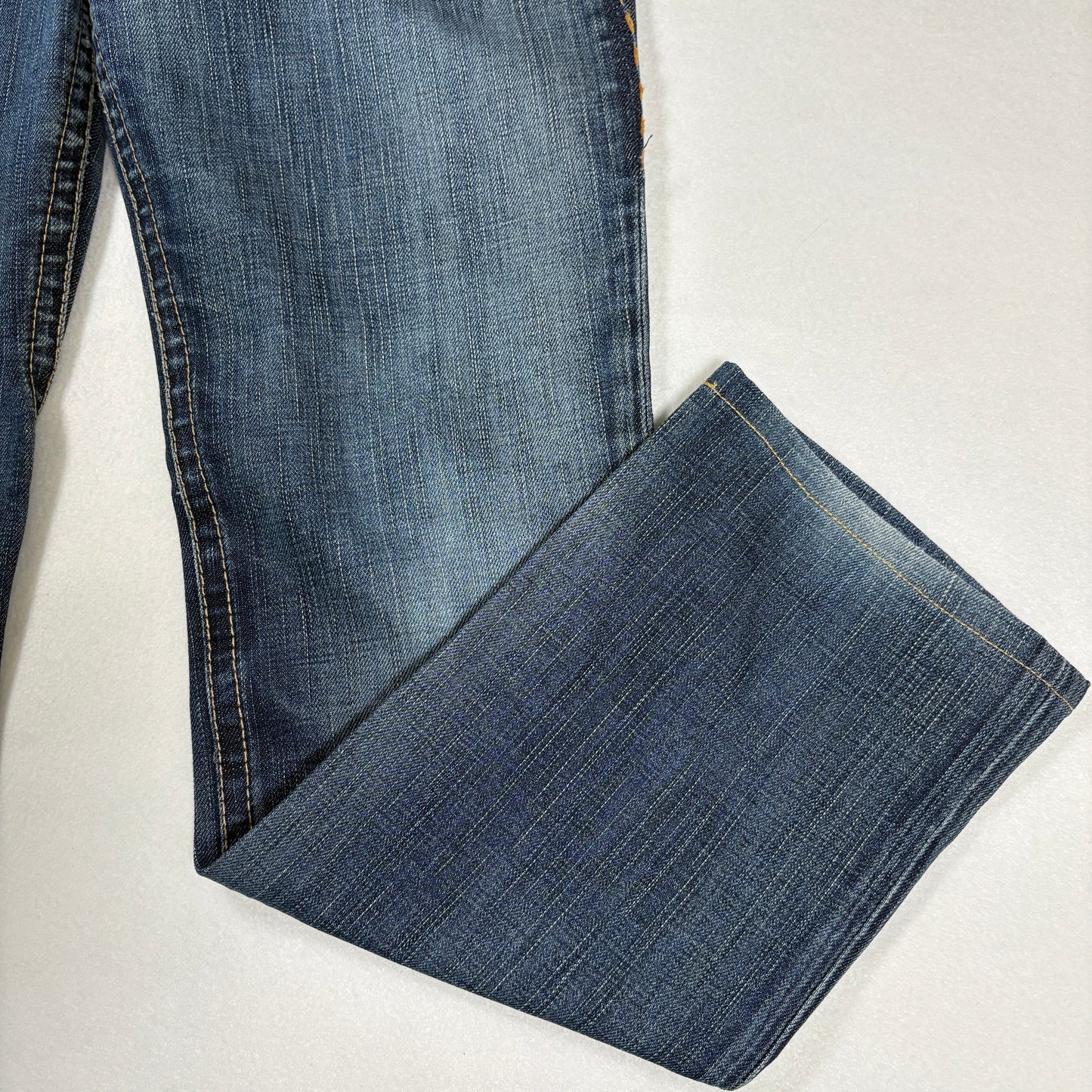 1921 Jeans Women’s 28x32 Bootcut Blue Denim Contrast Stitch Distressed Pockets