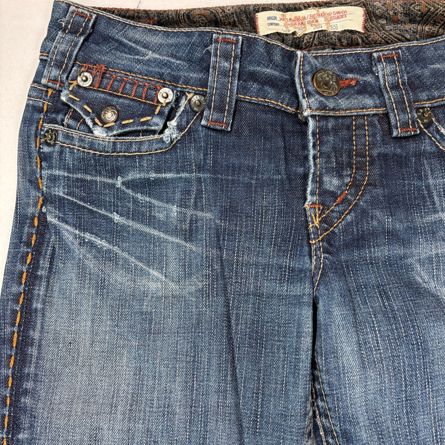 1921 Jeans Women’s 28x32 Bootcut Blue Denim Contrast Stitch Distressed Pockets
