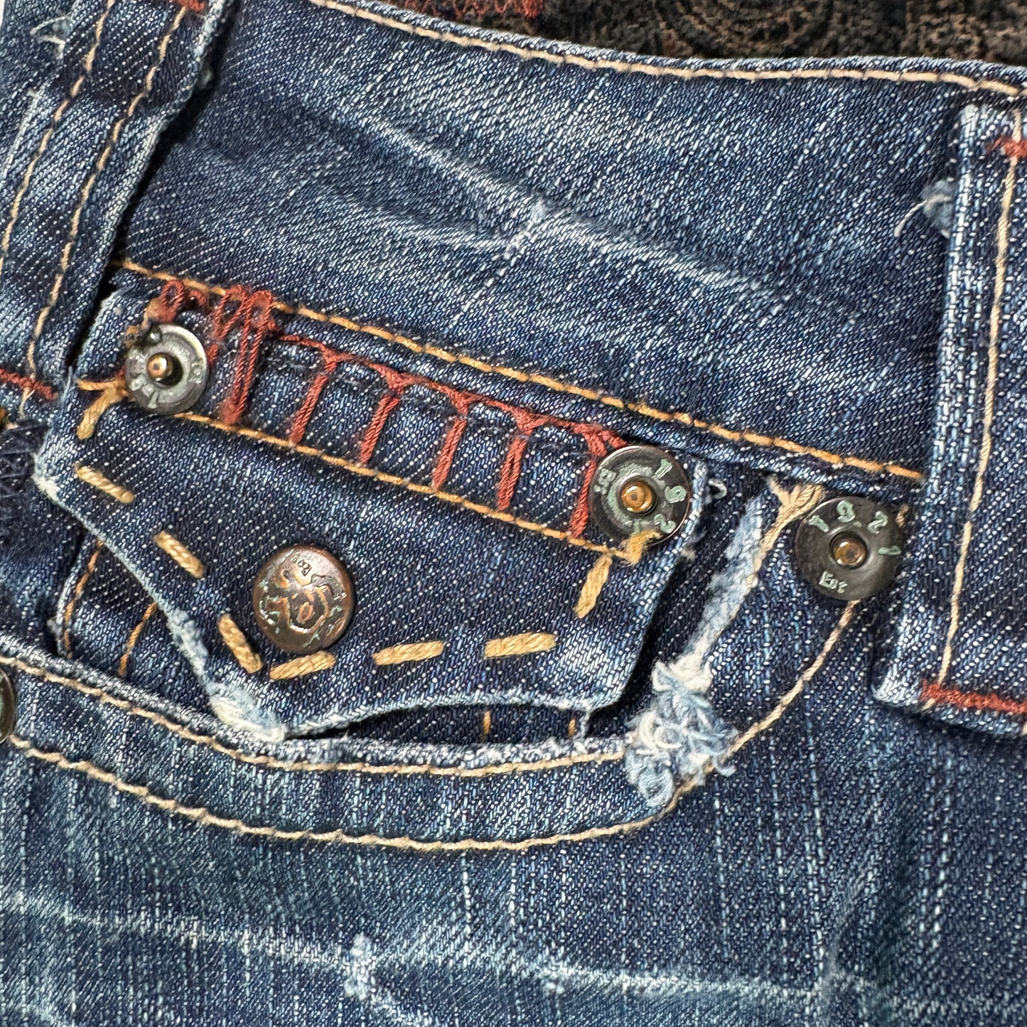 1921 Jeans Women’s 28x32 Bootcut Blue Denim Contrast Stitch Distressed Pockets