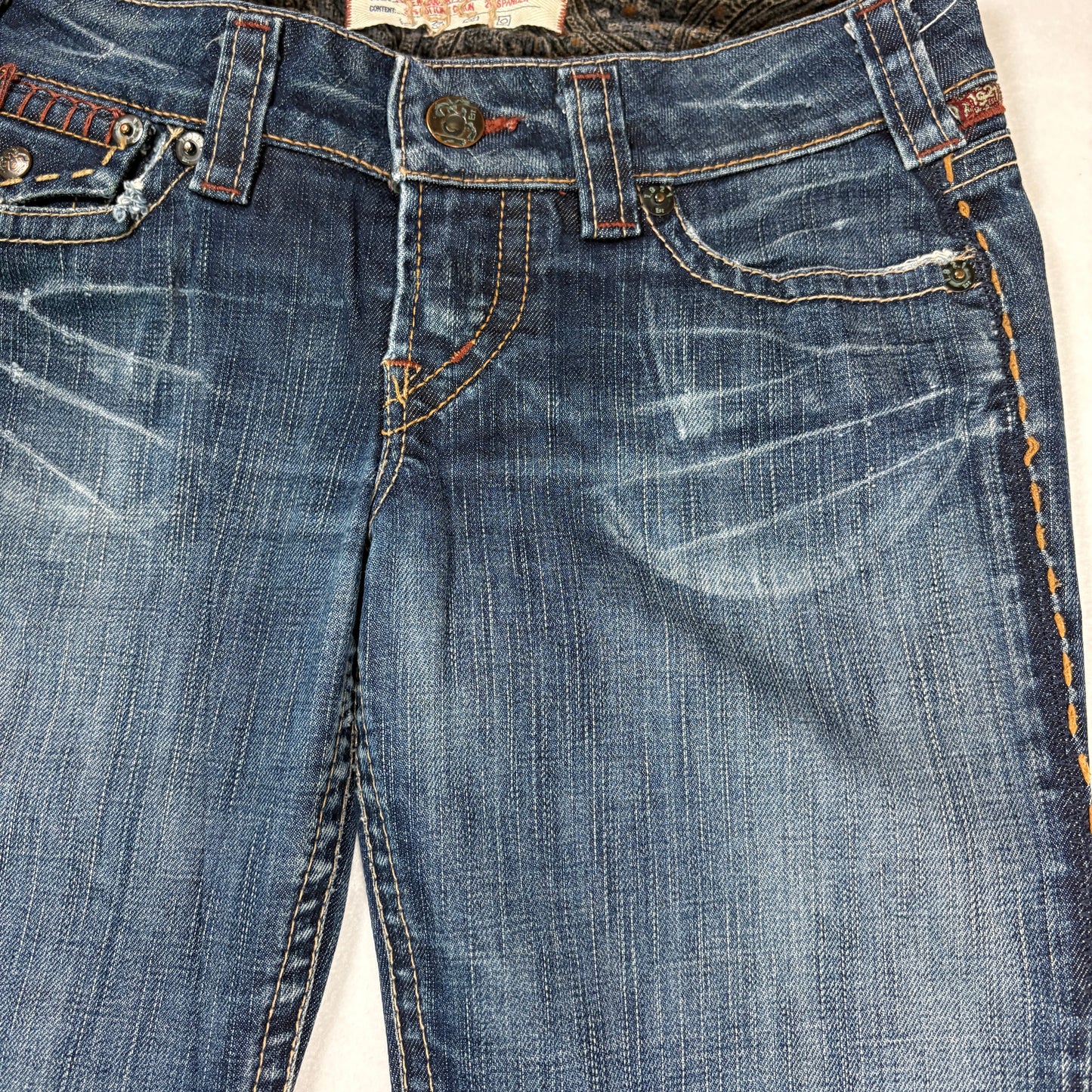 1921 Jeans Women’s 28x32 Bootcut Blue Denim Contrast Stitch Distressed Pockets