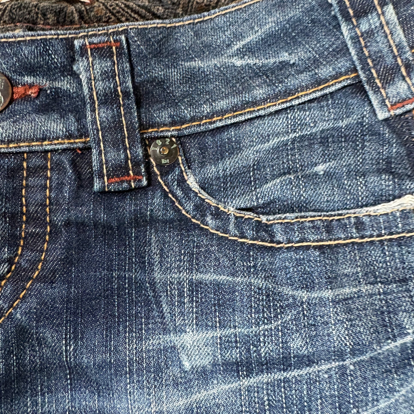 1921 Jeans Women’s 28x32 Bootcut Blue Denim Contrast Stitch Distressed Pockets