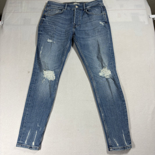 Zara Jeans Mens 32 Distressed Button Fly Skinny Fit Light Wash Streetwear Y2K