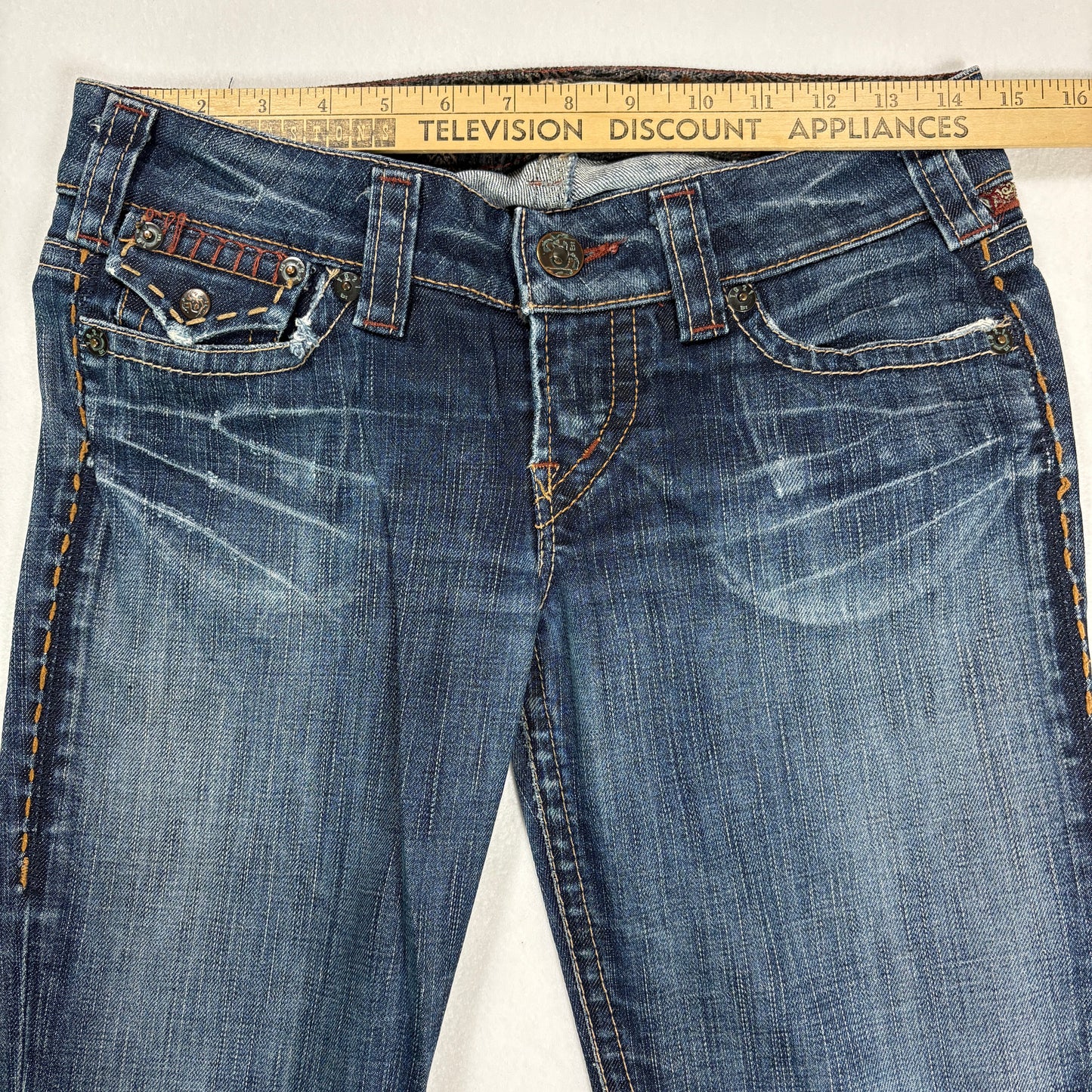 1921 Jeans Women’s 28x32 Bootcut Blue Denim Contrast Stitch Distressed Pockets