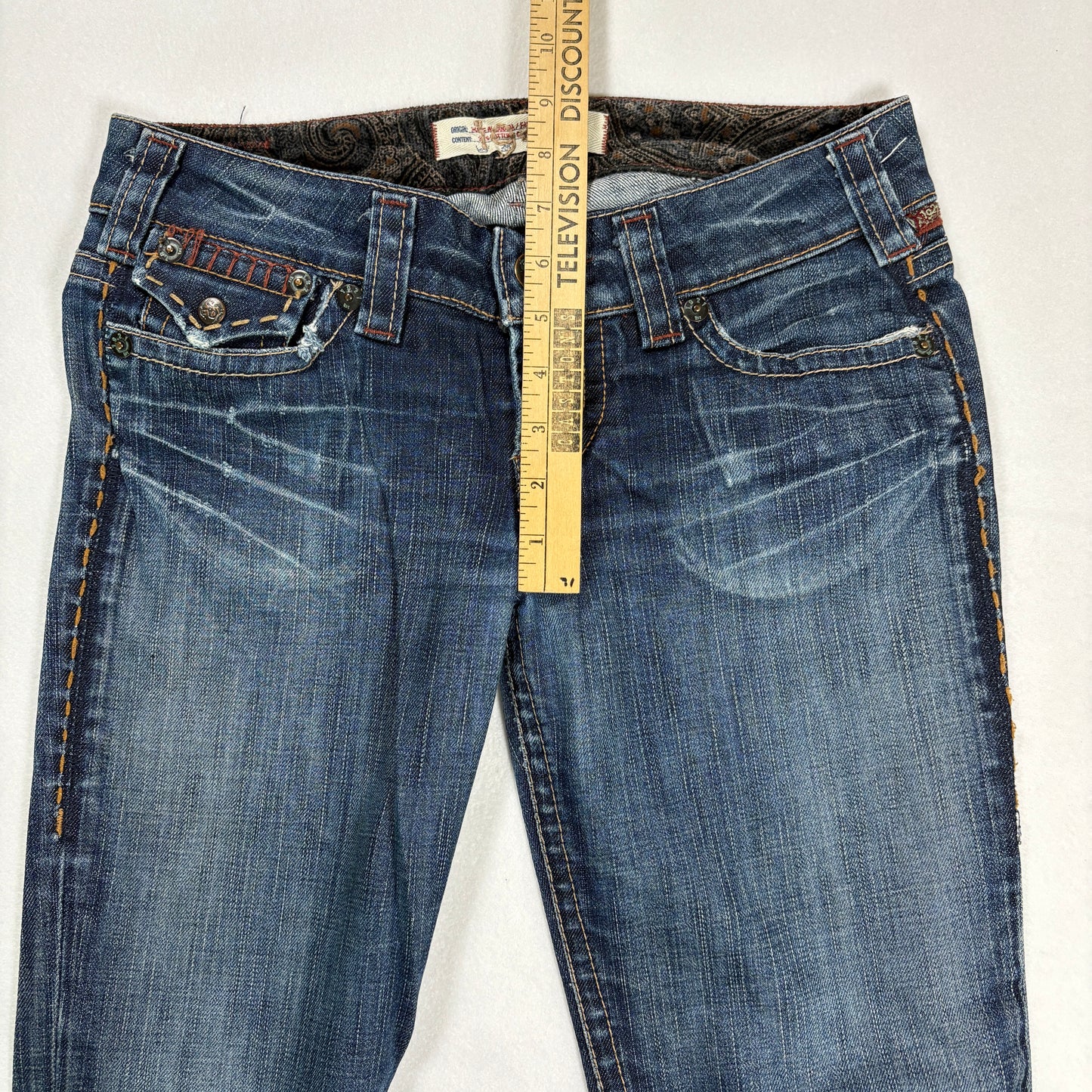 1921 Jeans Women’s 28x32 Bootcut Blue Denim Contrast Stitch Distressed Pockets
